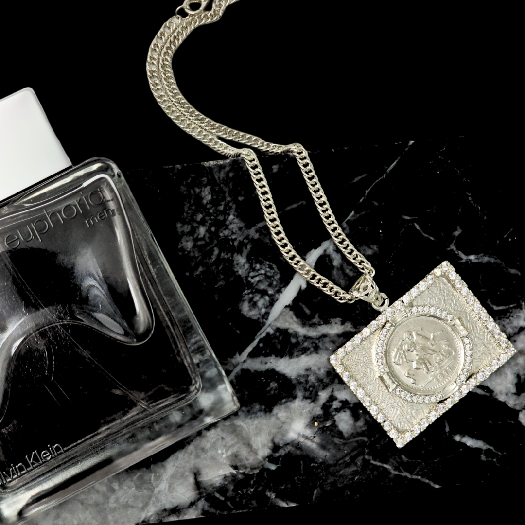 Silver Rhodium Plated Square Sovereign Pendant with CZ