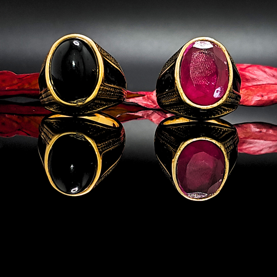 Mens Onyx Rings In Black & Red Stone