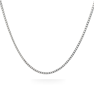 Silver Rhodium Plated Curb Cuban Link Chain Necklace – Classic Flat-Beveled Silver Chain for Men & Women