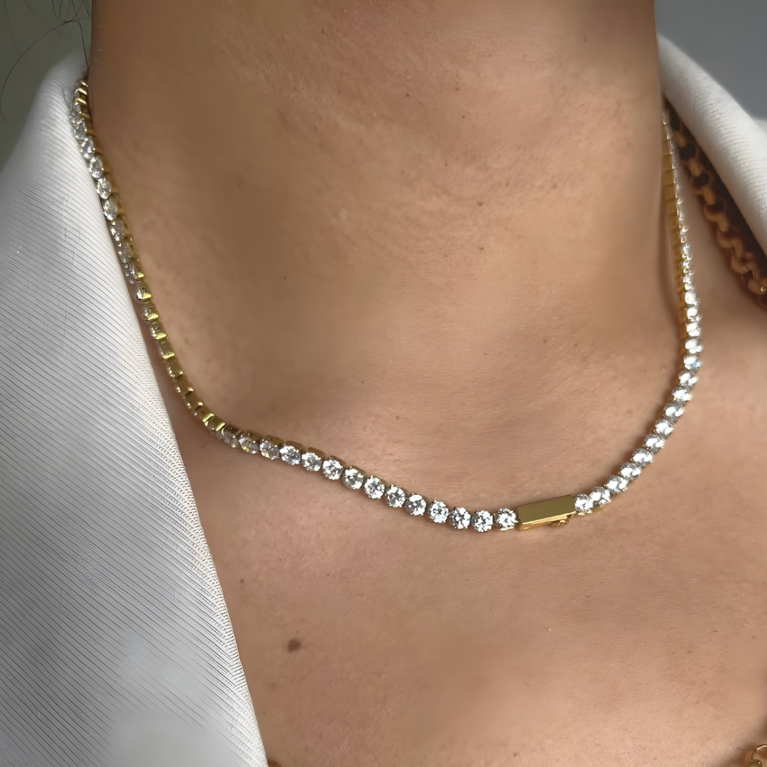 18K Gold Filled Moissanite Diamond Tennis Chain Necklace – Classic Four-Prong Solitaire Tennis Necklace for Men & Women