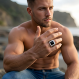Men's Stainless Steel Square Black Onyx CZ Halo Signet Ring – Vintage Filigree Scrollwork Statement Ring for Men