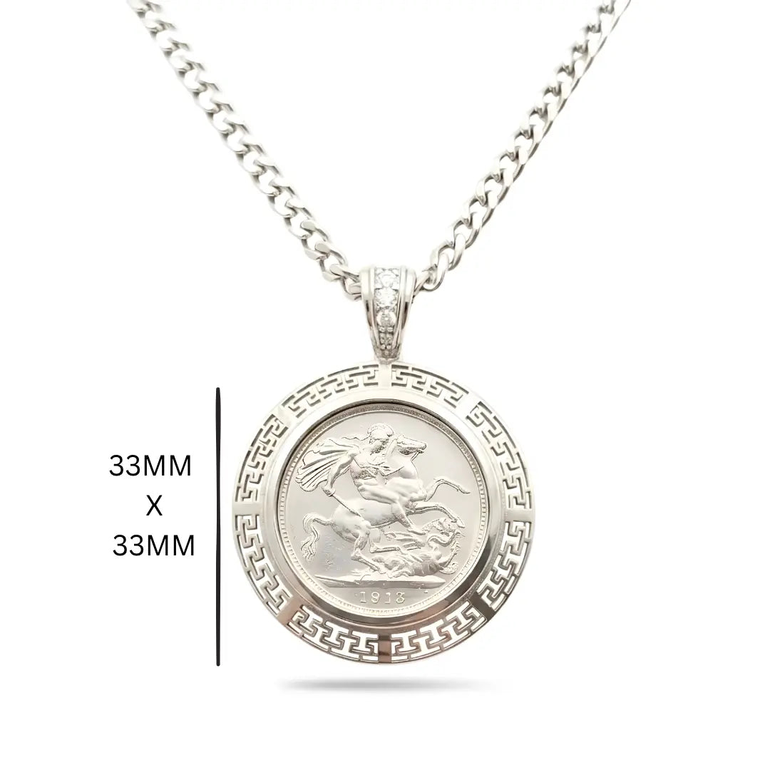 Handcrafted 1913 Saint George Full Sovereign Pendant Necklace with Diamond Bail & Greek Key Frame in Rhodium Silver