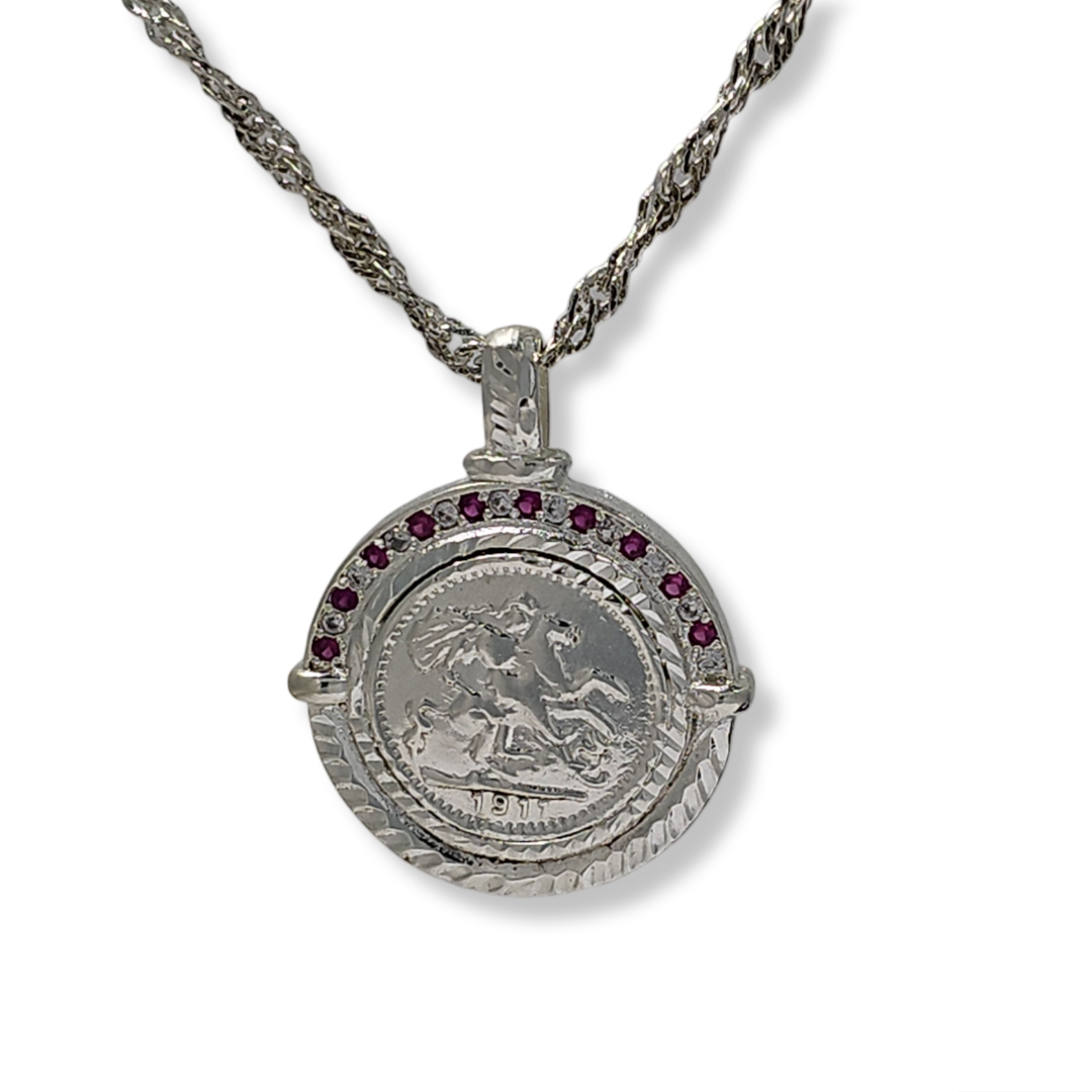 Silver Rhodium Plated Sovereign  Pendant With Ruby & CZ