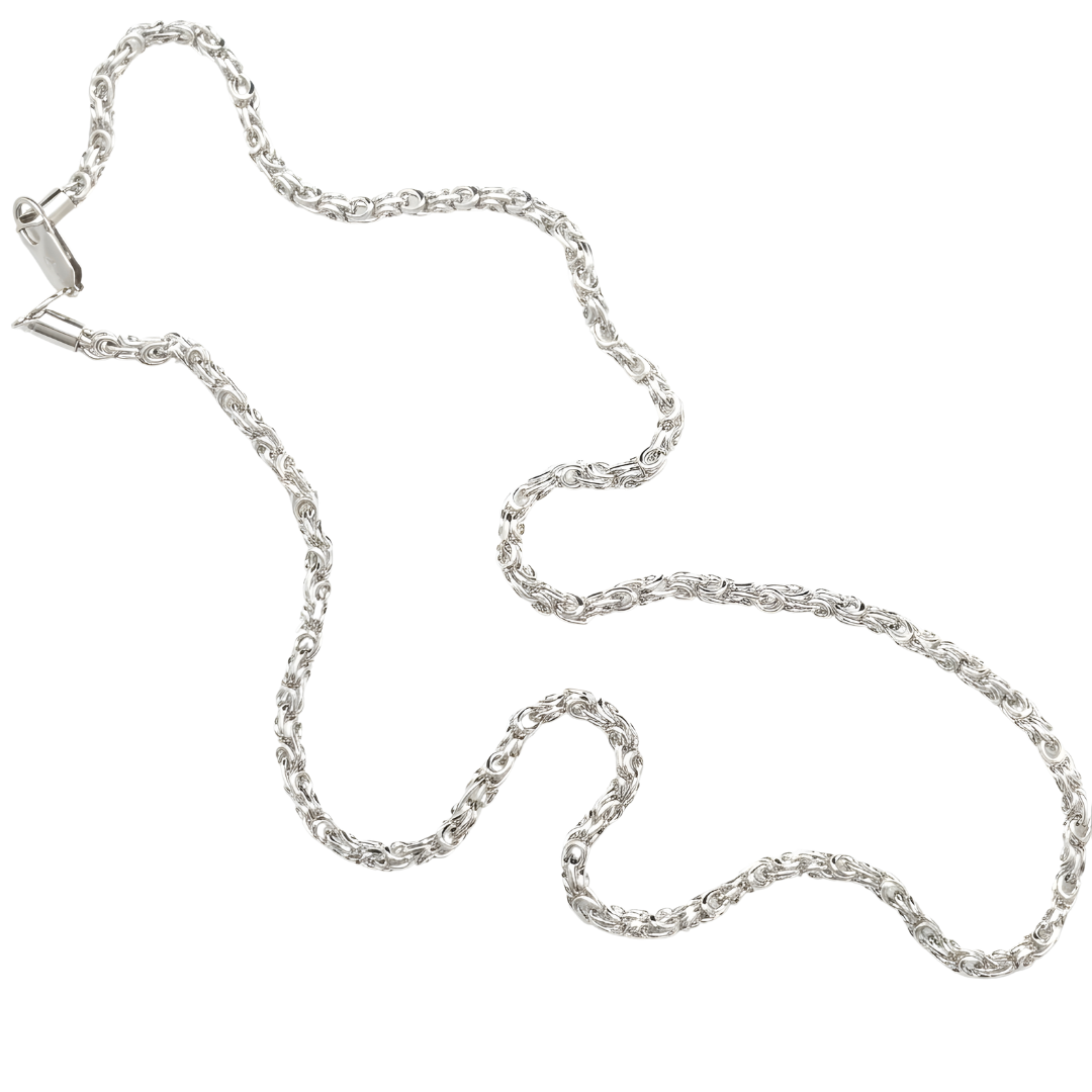 Silver Byzantine Rhodium Plated Chain Necklace (60cm) – Intricate Interlocking King's Link Chain for Men & Women