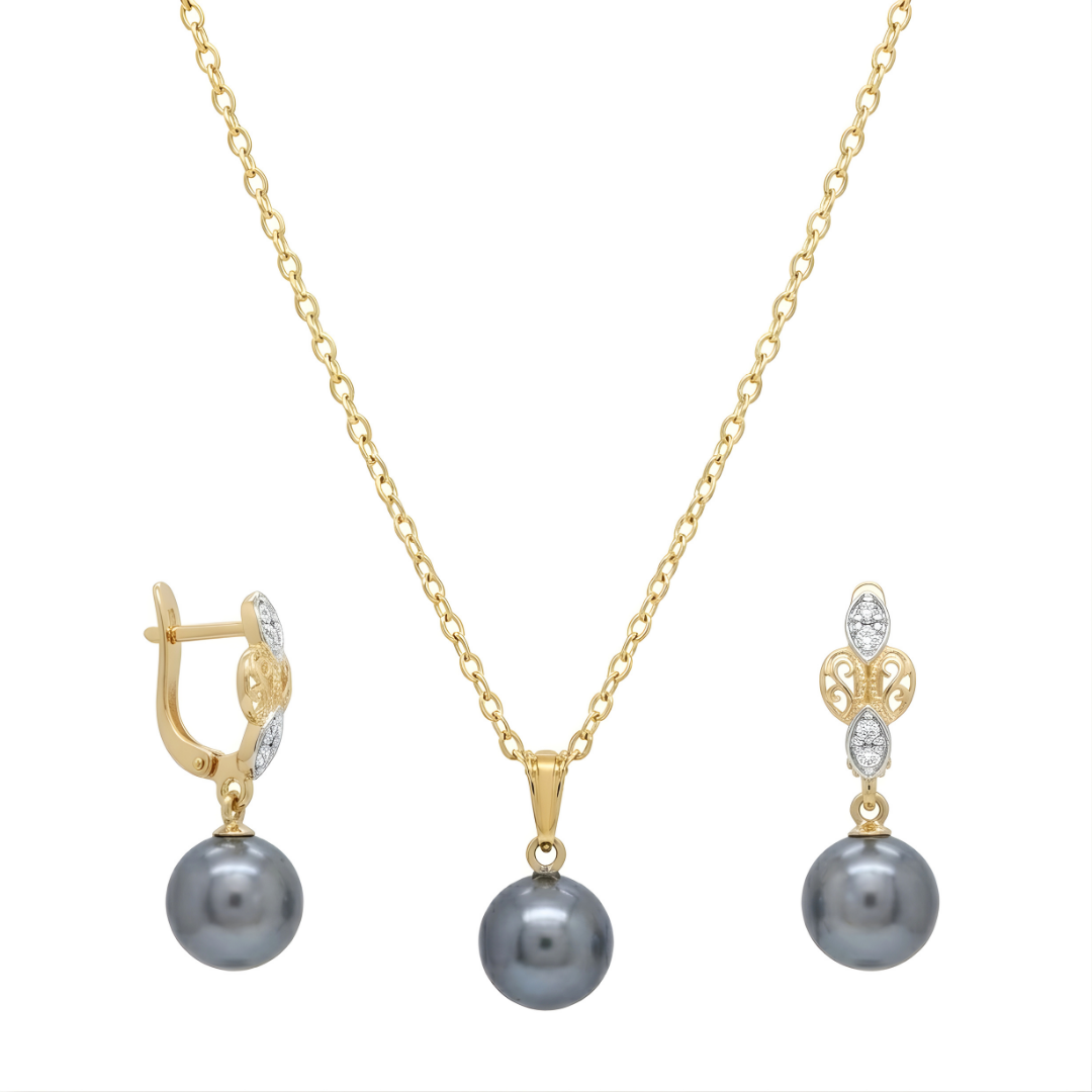 18K Gold Filled Hawaiian Pearl Necklace  with Diamond Huggie Earrings
