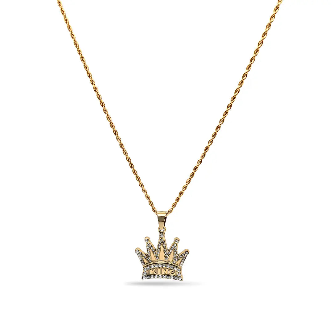 18K Gold Filled King Crown Pendant Necklace with 60cm Rope Chain