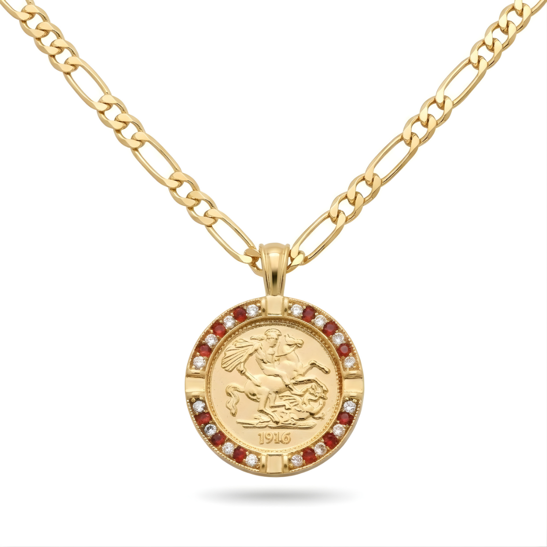 Gold Filled Customized Full Sovereign Pendant Necklace With Ruby & CZ