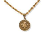 18K Gold Filled Medusa Head Medallion Rope Chain Necklace – Engraved Greek Key Coin Pendant Necklace for Men & Women