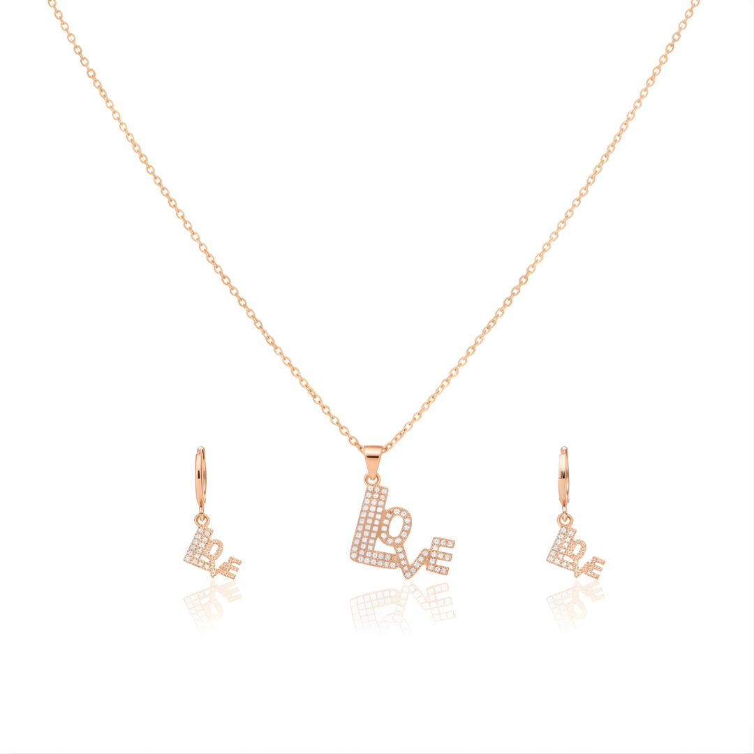 18K Rose Gold Filled LOVE Pendant Necklace With Earrings