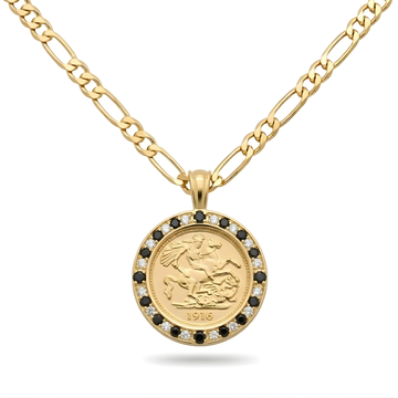 18K Gold Filled Sovereign Pendant Necklace – 1916 St. George Coin with Black & Clear Stone Bezel