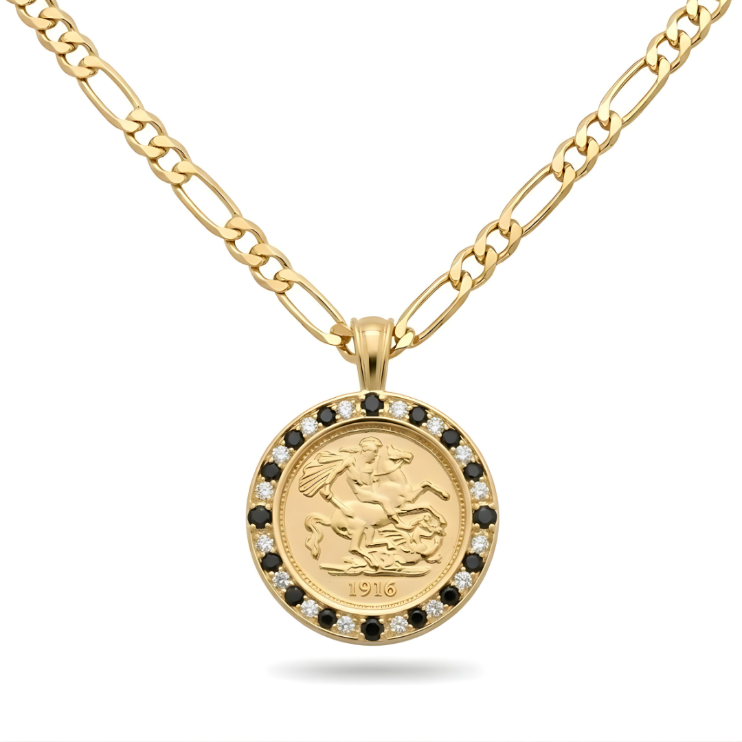 Gold Filled Tarnish Proof Sovereign Pendant with Black Stones & CZ
