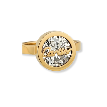 18K Gold Filled Oval Solitaire Script Motif Ring – Bezel-Set Oval Cubic Zirconia Statement Ring for Women