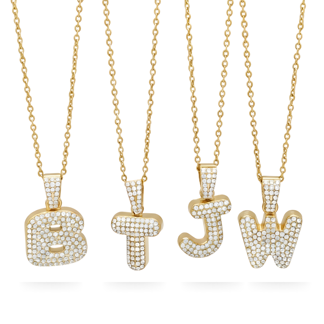 18K Gold Filled Iced Out Pavé Initial Letter Pendant Necklace – Sparkling CZ Alphabet Monogram Necklace for Women & Men