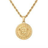 18K Gold Filled Iconic Greek Medusa Head Pendant Necklace – 25mm Medallion with Rope Chain