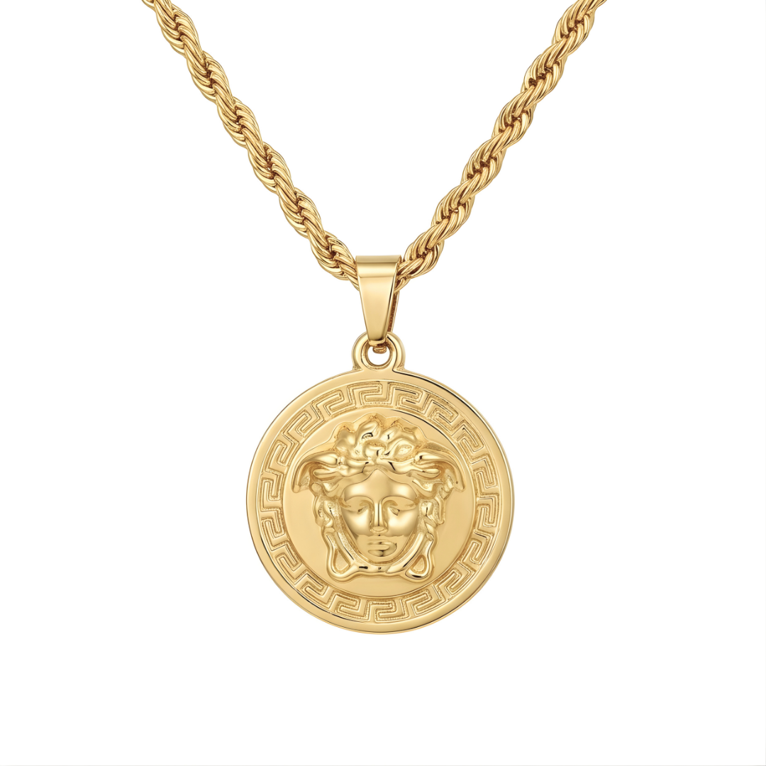 18K Gold Filled Iconic Greek Medusa Head Pendant Necklace – 25mm Medallion with Rope Chain