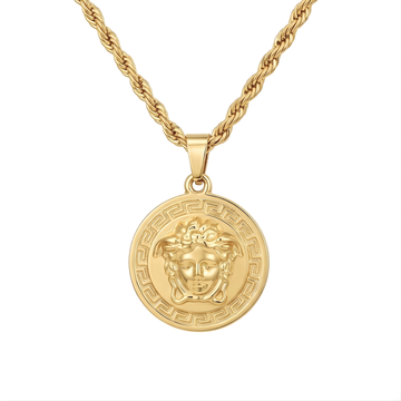 18K Gold Filled Iconic Greek Medusa Head Pendant Necklace – 25mm Medallion with Rope Chain
