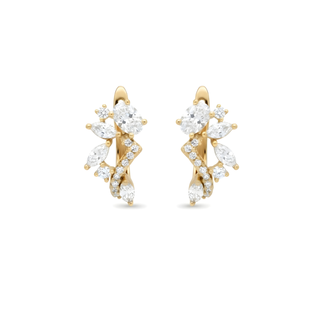 18K Gold Filled Multi-Cut CZ Cluster Huggie Earrings – Oval & Marquise Crystal Floral Huggie Hoop Earrings for Women