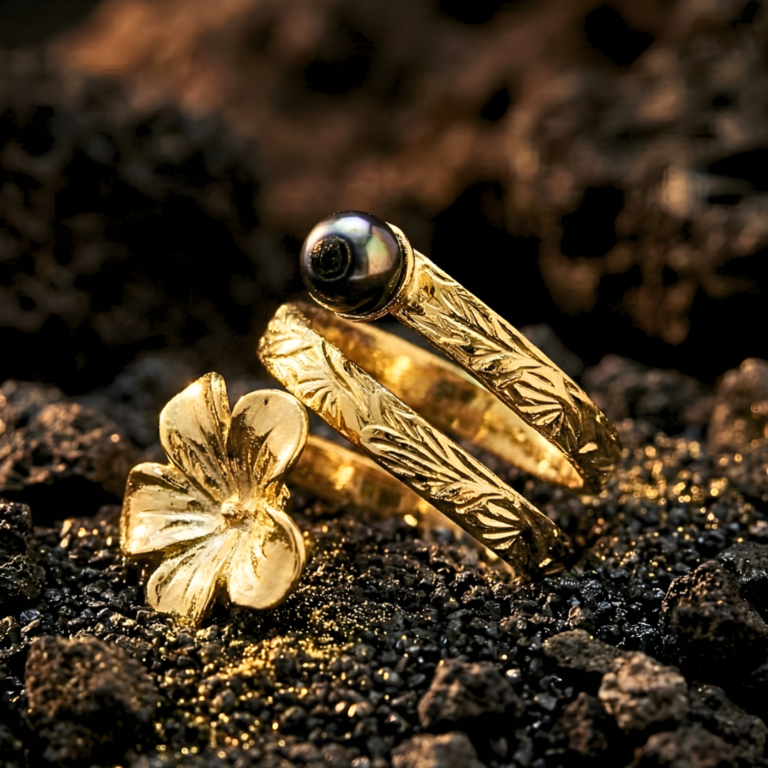 18K Gold Filled Hawaiian Plumeria Ring with Black Pearl