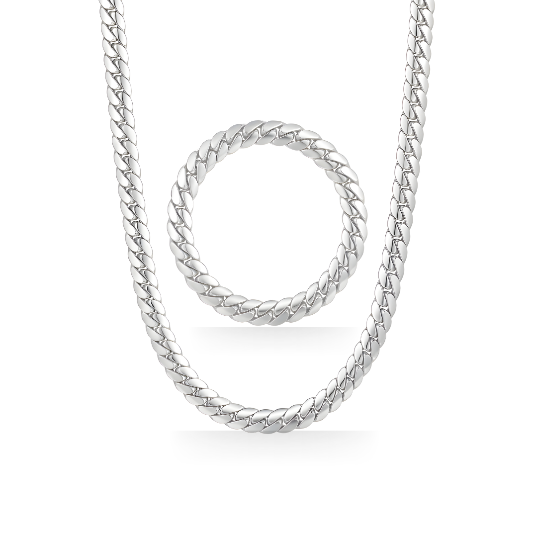 Silver Classic Cuban Link Chain & Bracelet Jewelry Set – Flat-Bevel Silver Curb Chain Matching Set for Men & Women