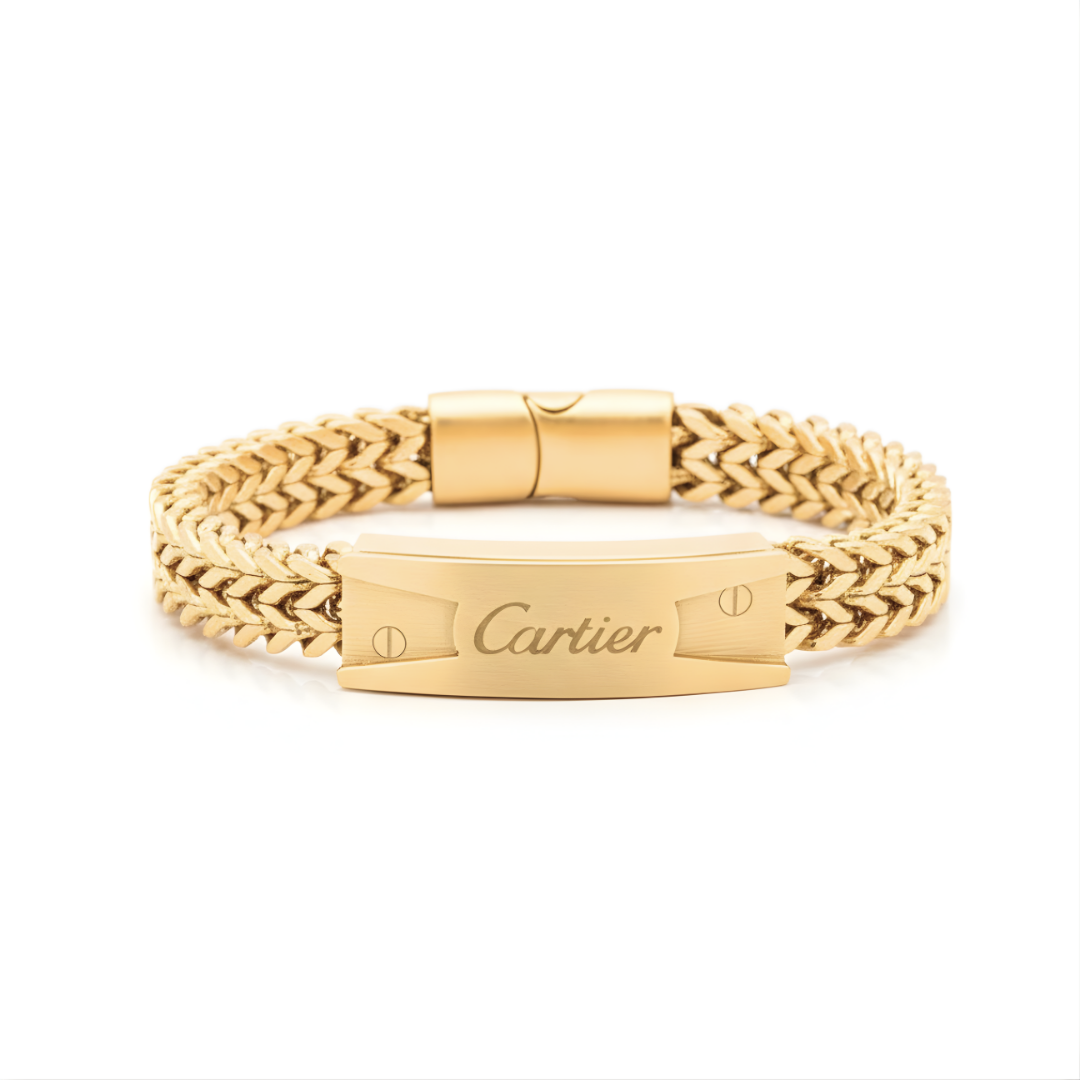 18K Gold Filled Script ID Bar Franco Chain Bracelet – Engraved Cursive Bar Franco Mesh Link Bracelet for Men