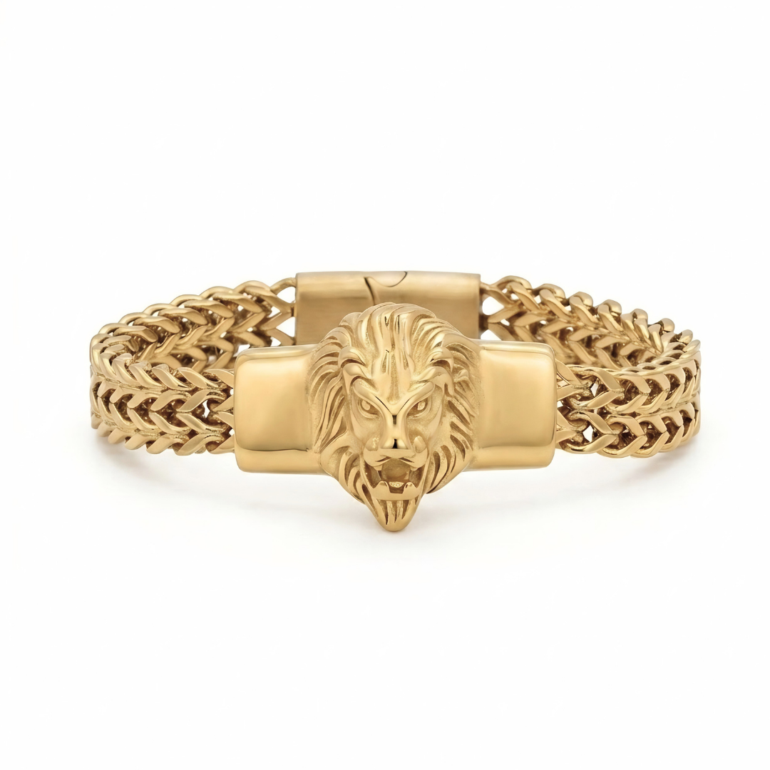 18K Gold Plated Stainless Steel Lion Head Franco Link Bracelet – Sculpted 3D Lion Centerpiece Mesh Link Bracelet for Men & Women
