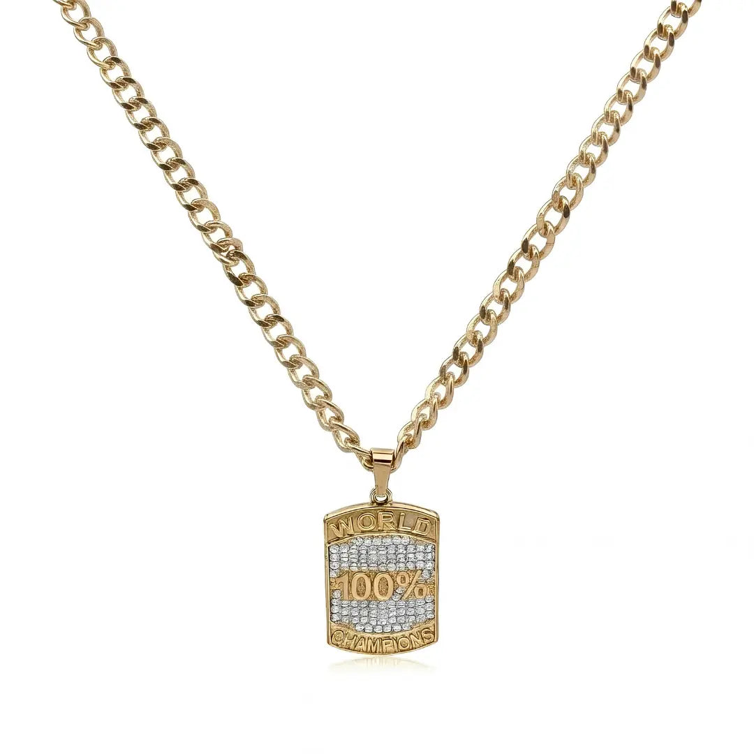 18K Gold Filled 54cm x 6mm Cuban Link Chain Necklace with World Champions Pendant – Fully Polished, Lobster Clasp