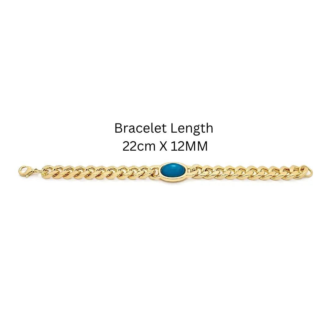 22CM X 12MM 18K Gold Filled Tarnish-Proof Cuban Link Chain Bracelet with Turquoise Oval Stone