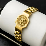 18K Gold Filled & Silver Medusa Head President Link Bracelet – Engraved Coin Emblem Watchband Chain Bracelet for Men & Women