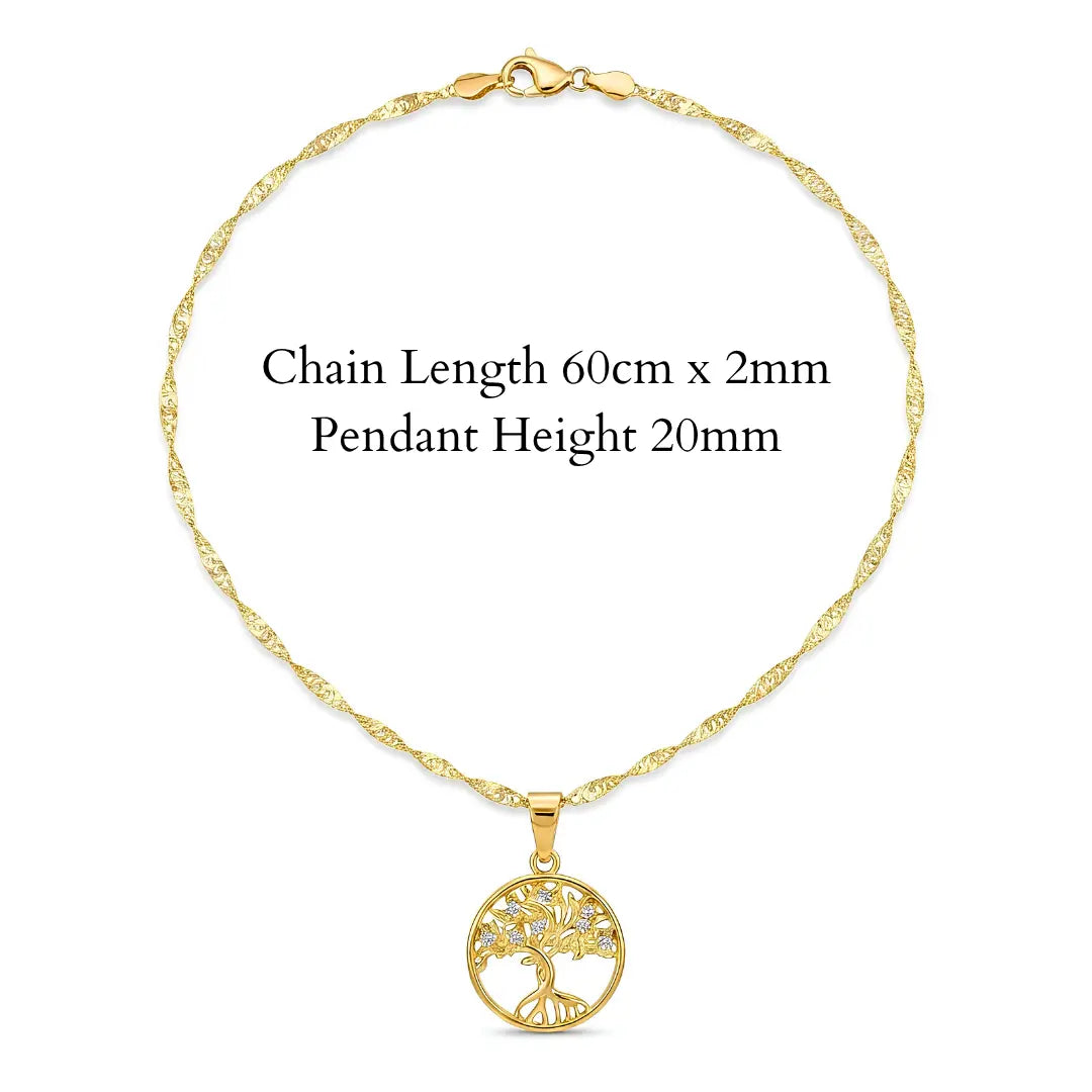 18K Gold Filled Tree of Life Pendant Necklace – 60cm 2mm Twisted Rope Chain CZ Medallion Necklace for Women & Men