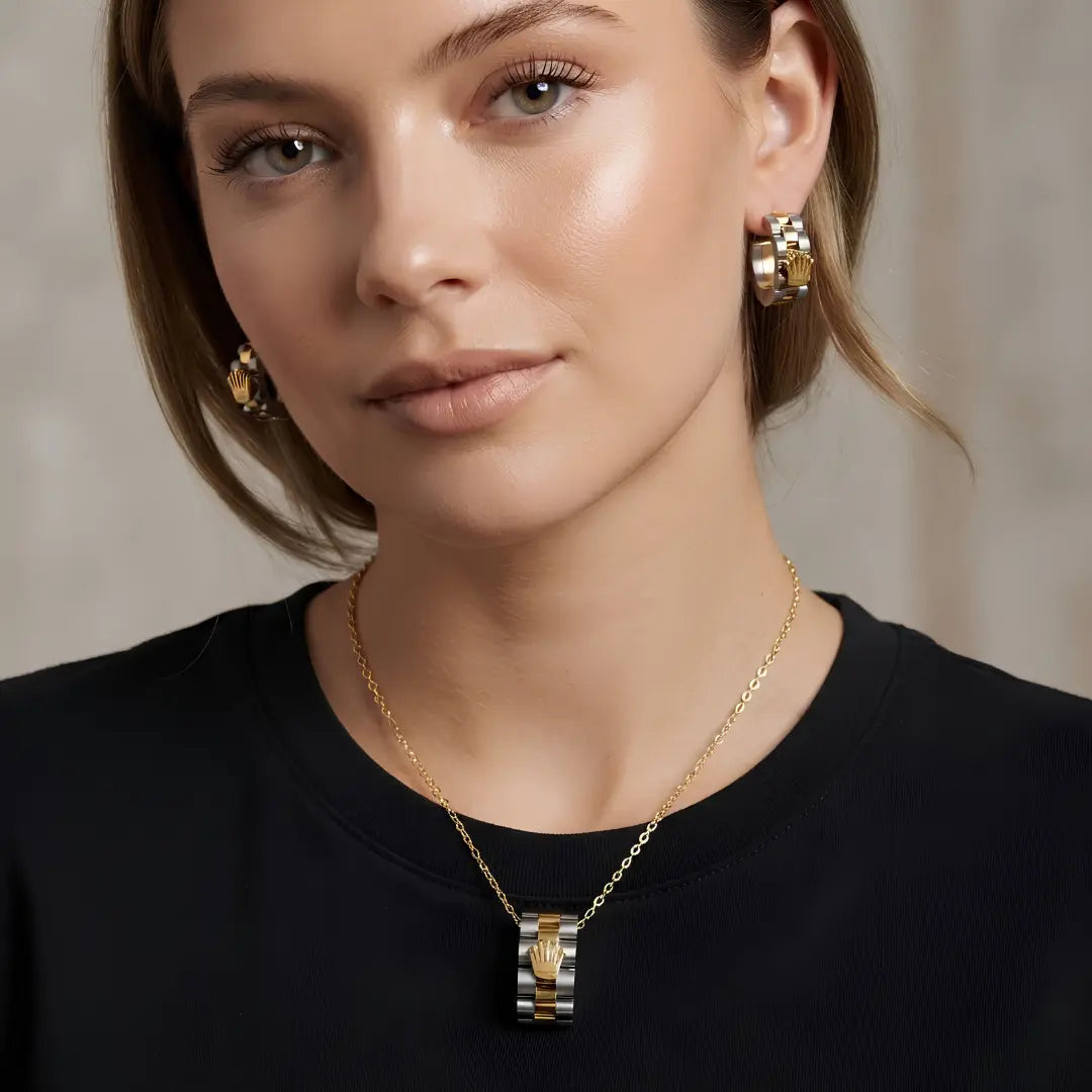 18K Gold Filled Two-Tone Crown Pendant Necklace & Hoop Earrings Set – 60cm Cable Chain & 18mm Matching Hoops for Women & Men