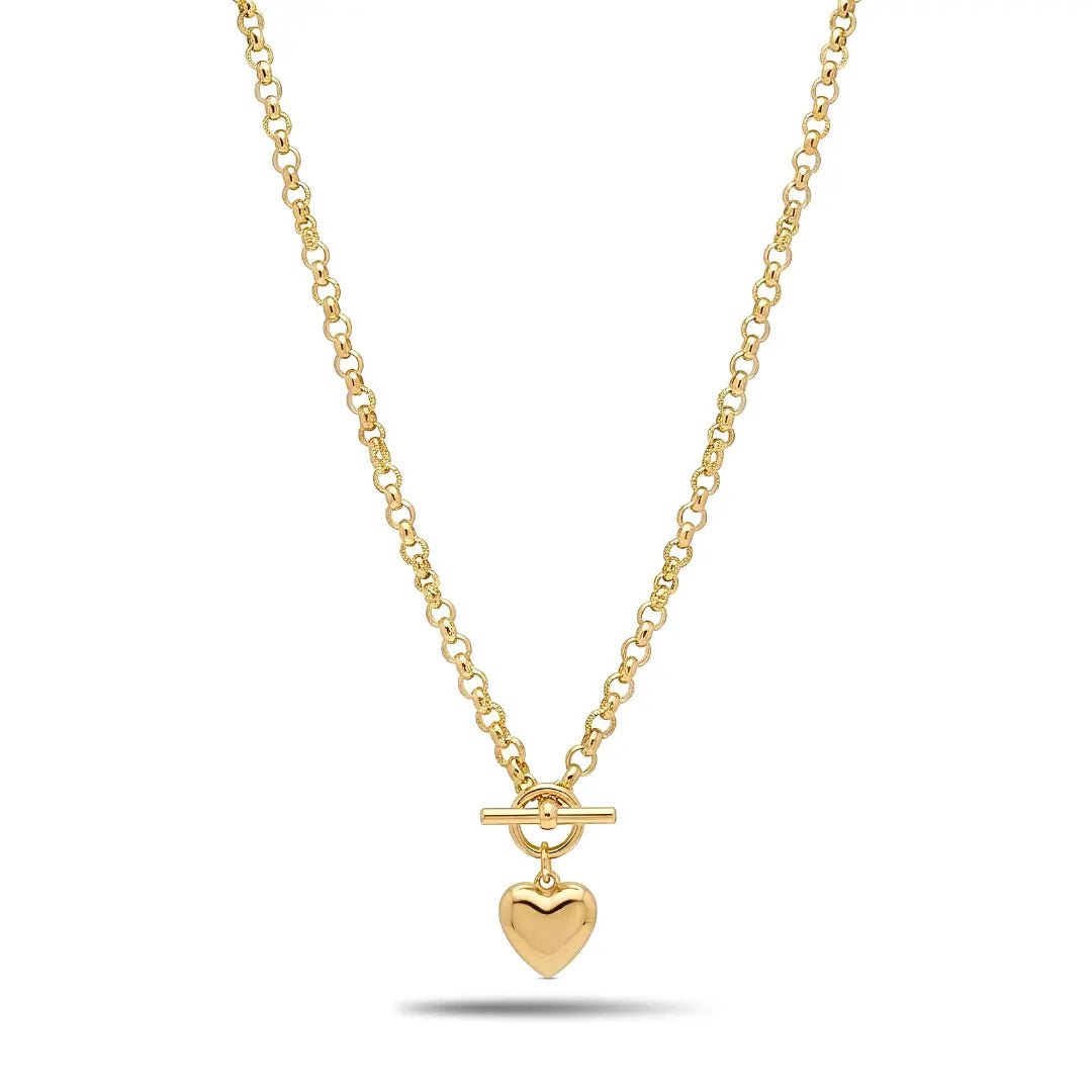 18K Gold Filled Belcher Chain Heart Pendant Necklace – 60cm 8mm Rolo Chain with Front Toggle Clasp for Women & Men