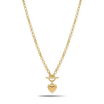 18K Gold Filled Belcher Chain Heart Pendant Necklace – 60cm 8mm Rolo Chain with Front Toggle Clasp for Women & Men