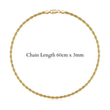 18K Gold Filled Square Rope Chain Necklace – 60cm 3mm Diamond-Cut Twisted Link Chain for Men & Women
