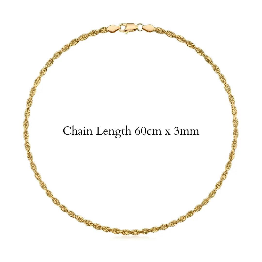 18K Gold Filled Square Rope Chain Necklace – 60cm 3mm Diamond-Cut Twisted Link Chain for Men & Women