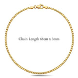 18K Gold Filled Square Byzantine Chain Necklace – 68cm 3mm Diamond-Cut Fluted Link Chain for Men & Women