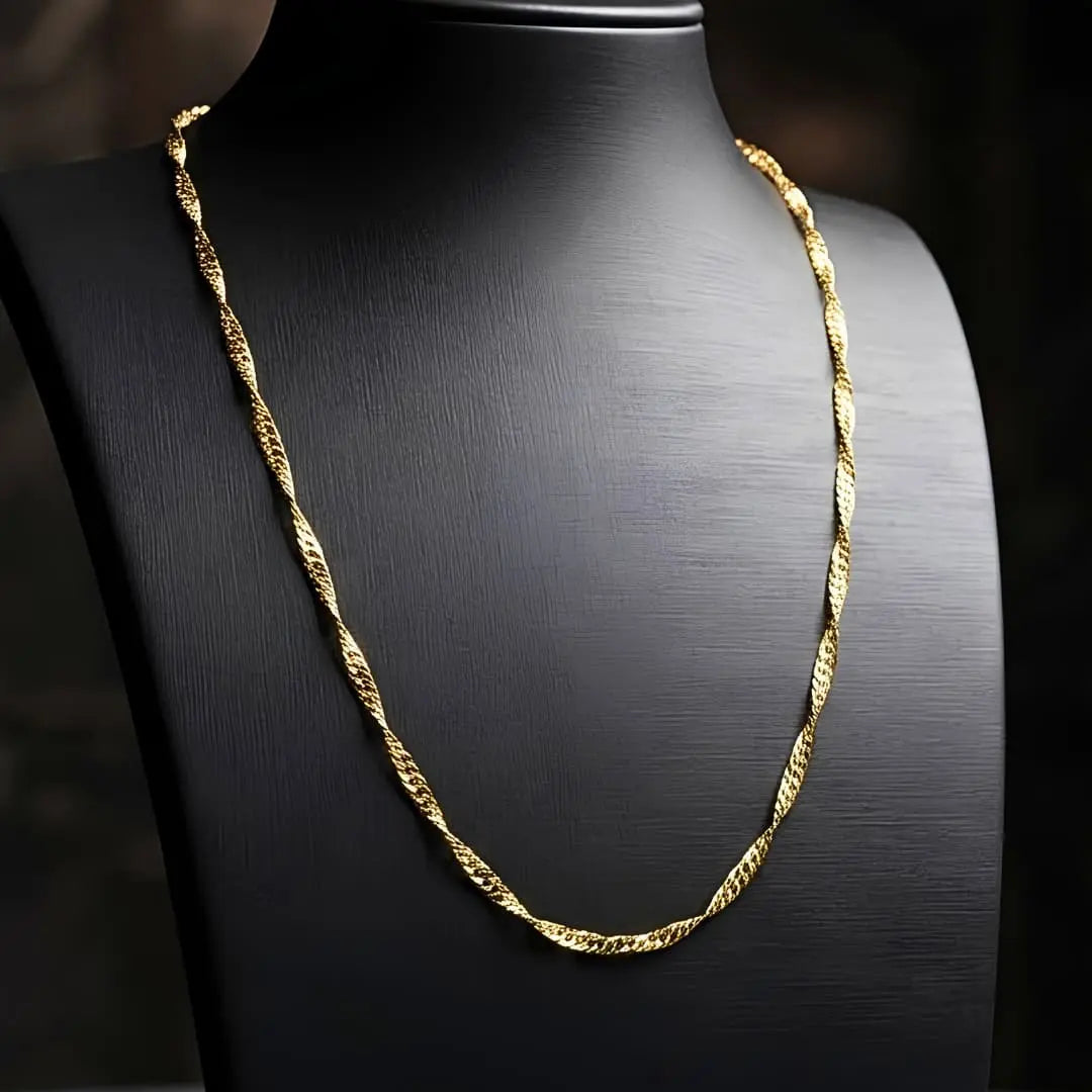 18K Gold Filled Singapore Twist Chain Necklace – 62cm 3mm Diamond-Cut Flowing Wave Chain for Men & Women