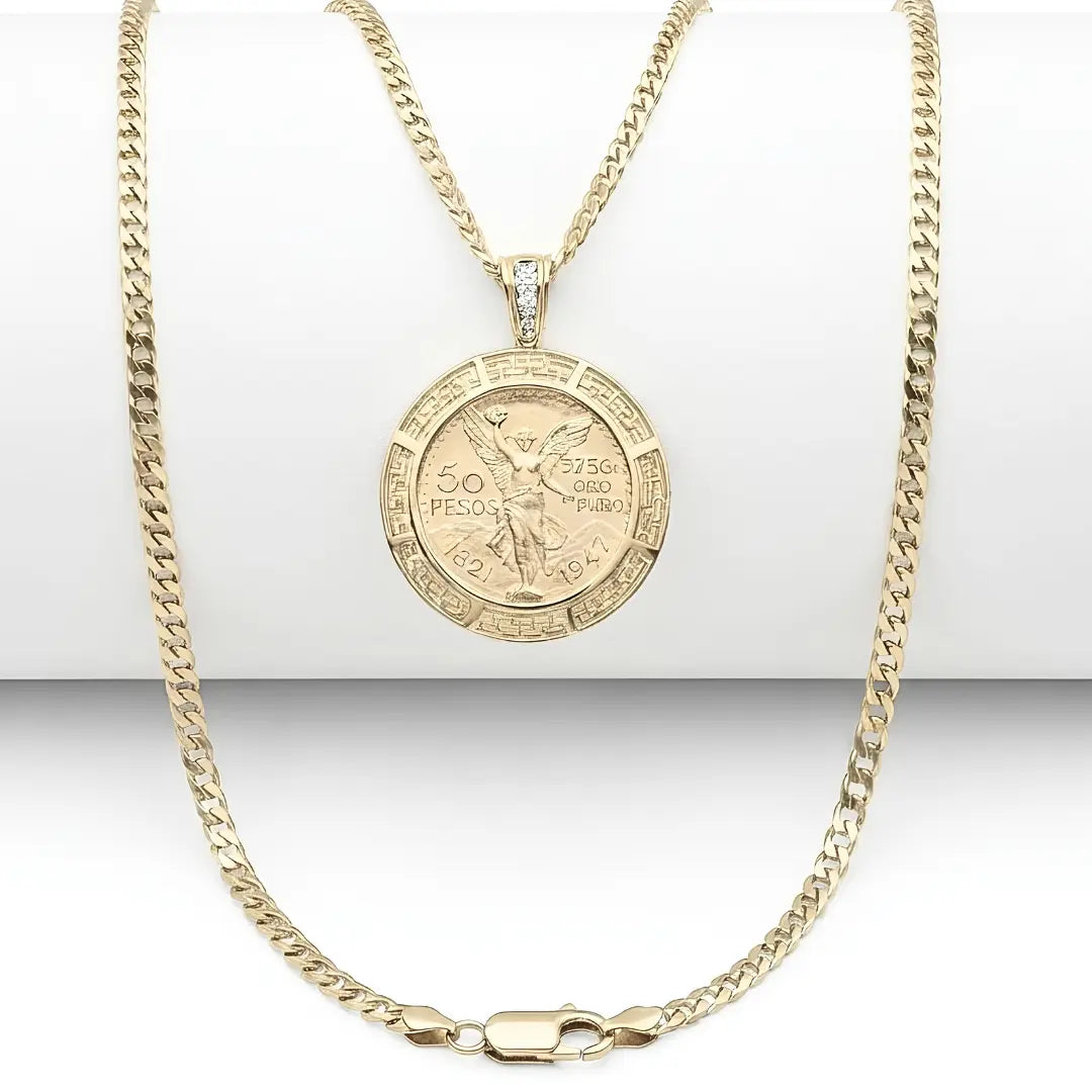 14K Gold Filled Mexican 50 Pesos Centenario Coin Pendant Necklace – 60cm 6mm Curb Chain Greek Key Medallion for Men & Women