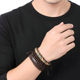 Men’s Multi-Strand Braided PU Leather & Wooden Bead Bracelet Set – Stackable Rustic Cord Bracelet