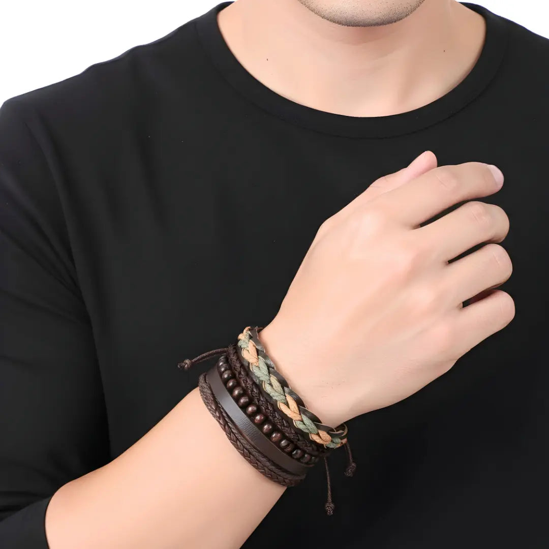 Men’s Multi-Strand Braided PU Leather & Wooden Bead Bracelet Set – Stackable Rustic Cord Bracelet