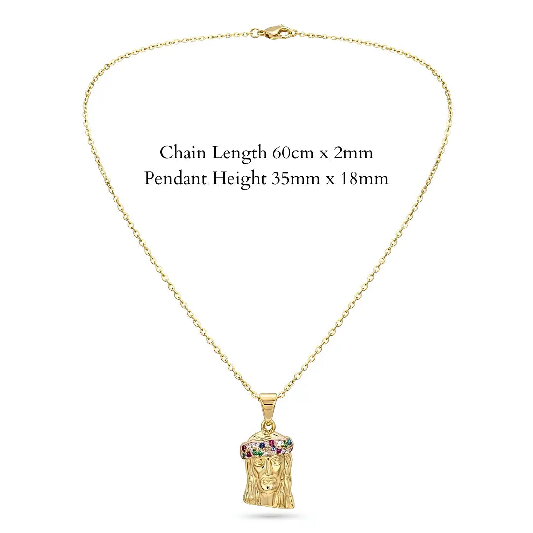 18K Gold Filled Jesus Piece Pendant Necklace – 35mm x 18mm Multicolor Cubic Zirconia Crown with 60cm x 2mm Chain for Men & Women