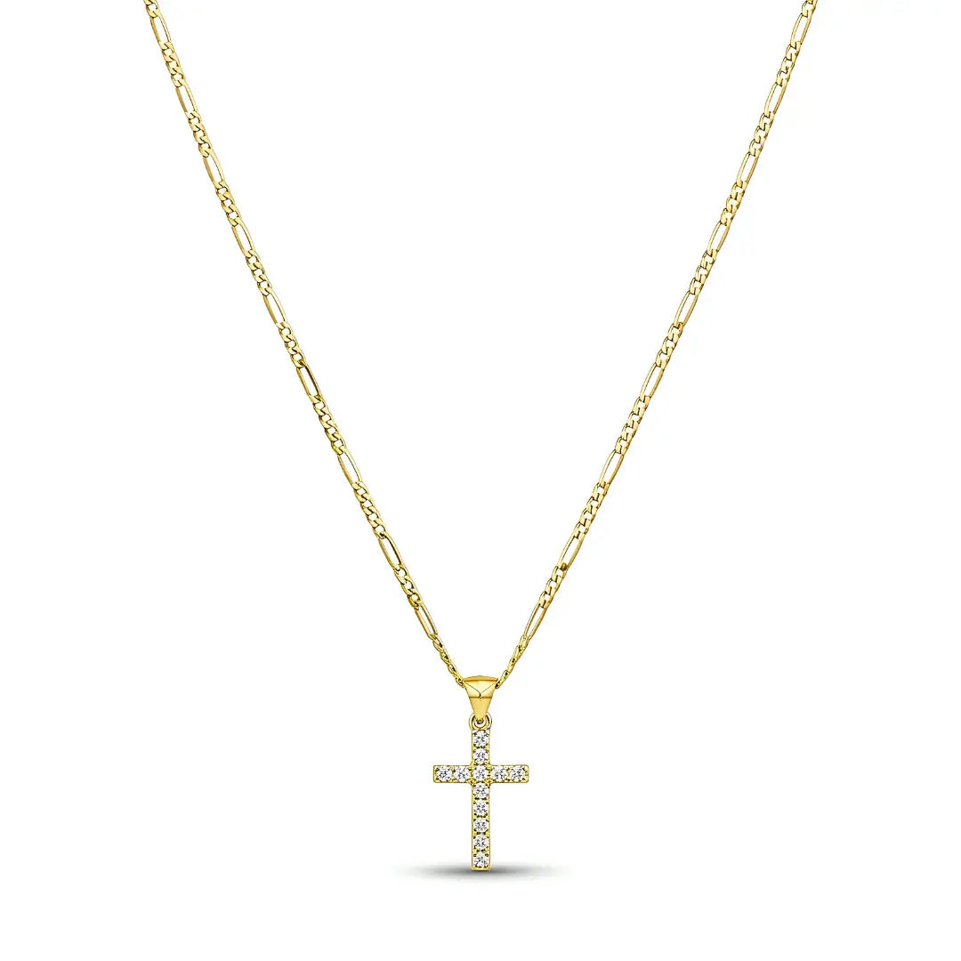 14K Gold Filled Pavé Cross Pendant Necklace – 18mm x 12mm Sparkling Cross with 60cm x 2mm Figaro Chain for Men & Women