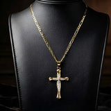 18K Gold Filled Pavé Cross Pendant Necklace – 30mm x 18mm Flared Cross with 58cm x 2mm Figaro Chain for Men & Women