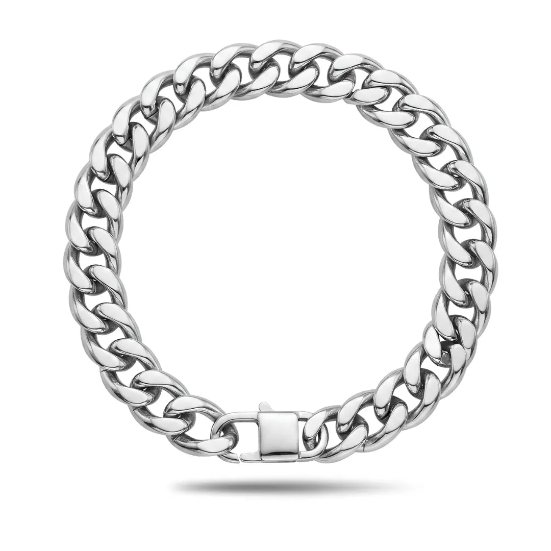 Silver Stainless Steel Cuban Link Bracelet – 23cm 14mm Bold Curb Chain with Double Safety Box Clasp for Men