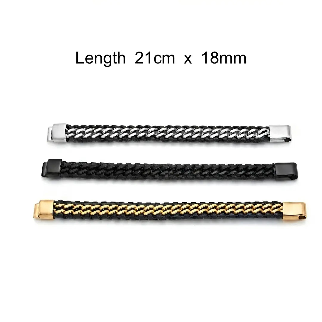 Braided Leather & Metal Chain Bracelet – 21cm 18mm Multi-Strand Stainless Steel Cuff with Magnetic Clasp for Men