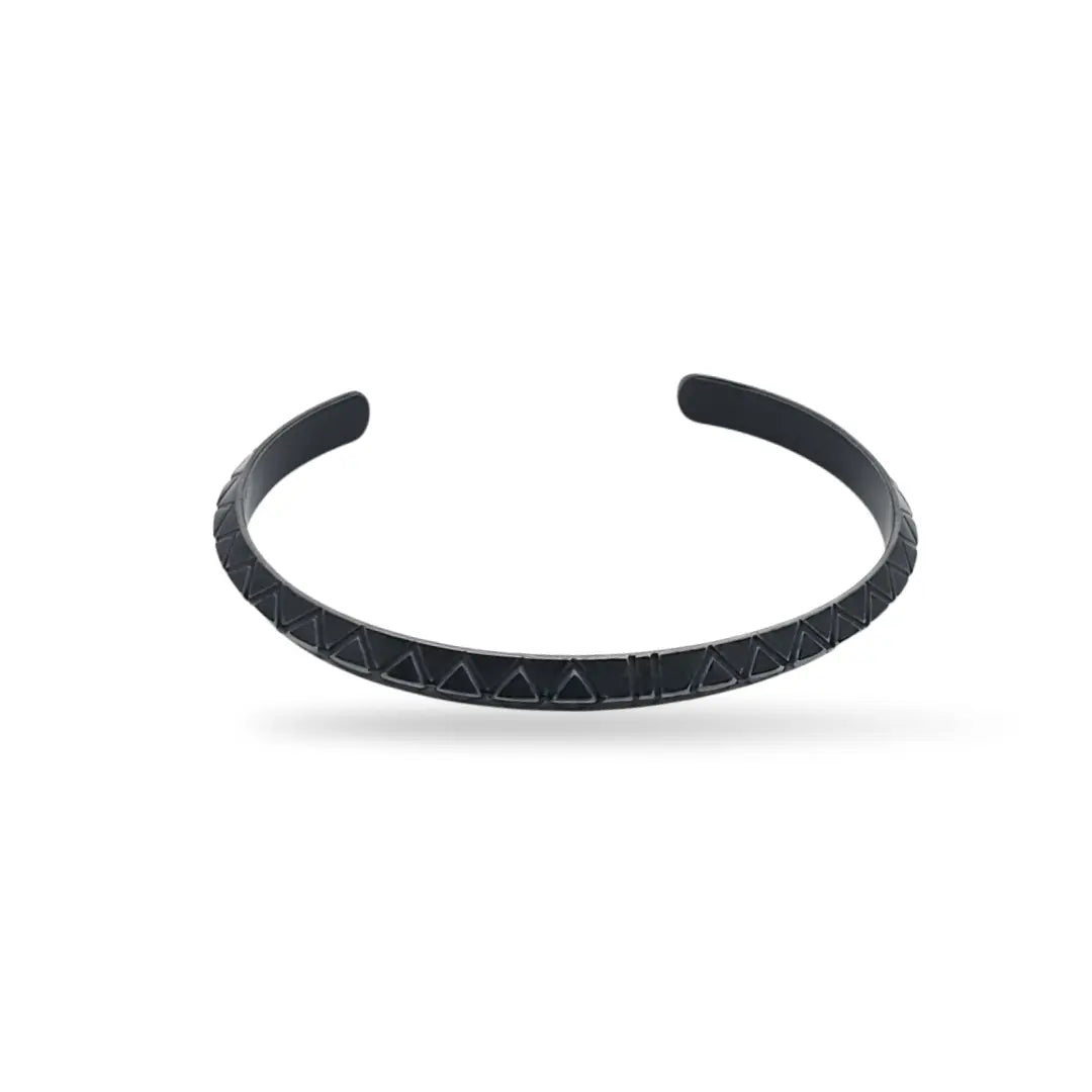 Tarnish-Proof Black Geometric Open Cuff Bracelet – Adjustable Engraved Triangle Pattern Metal Bangle for Men