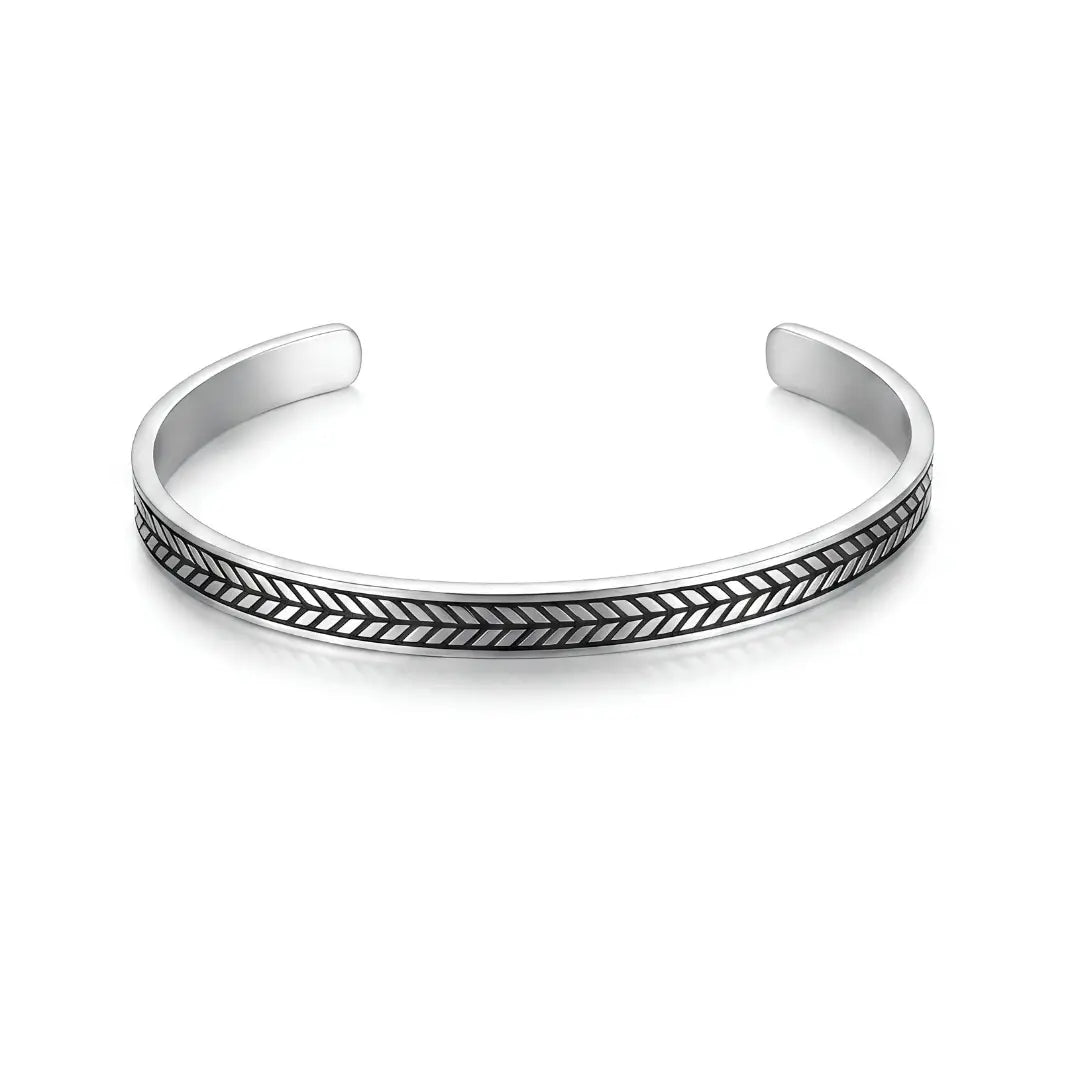 Tarnish-Proof Herringbone Open Cuff Bracelet – Adjustable Engraved Chevron Pattern Metal Bangle for Men