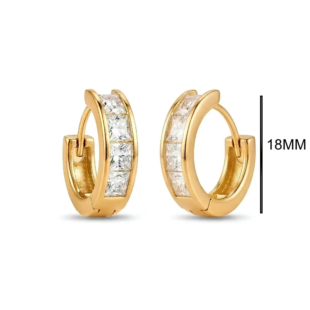 18K Gold Filled Baguette Crystal Huggie Hoop Earrings – 15mm x 15mm Polished Geometric Click-Lock Earrings for Women