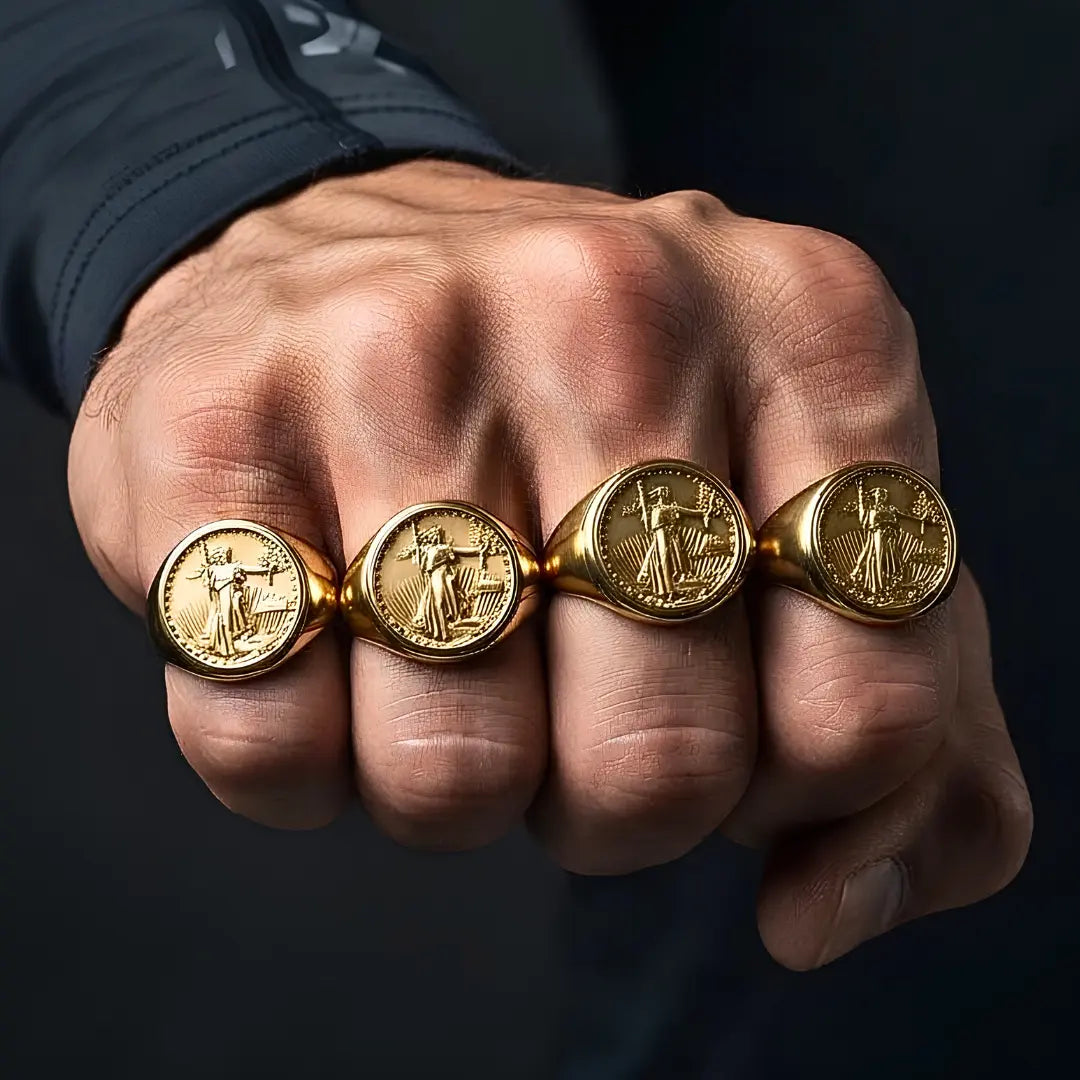 18K Gold Filled Liberty Coin Sovereign Ring – Bold Engraved Statement Signet Ring for Men