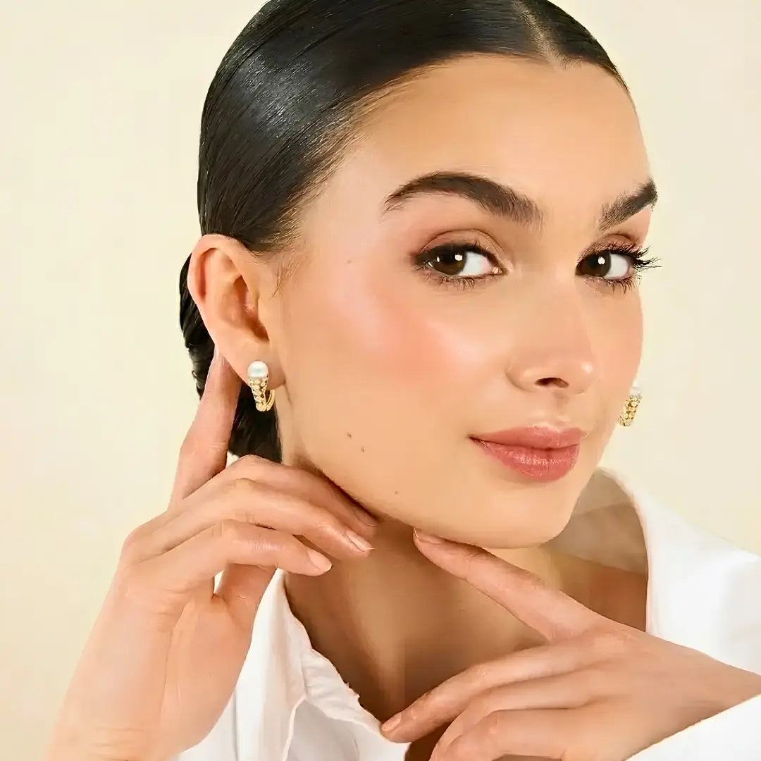 18K Gold Filled Huggie Earrings with Cubic Zirconia & White Pearl Charm – 12mm Dainty Pavé Mini Hoop Earrings for Women