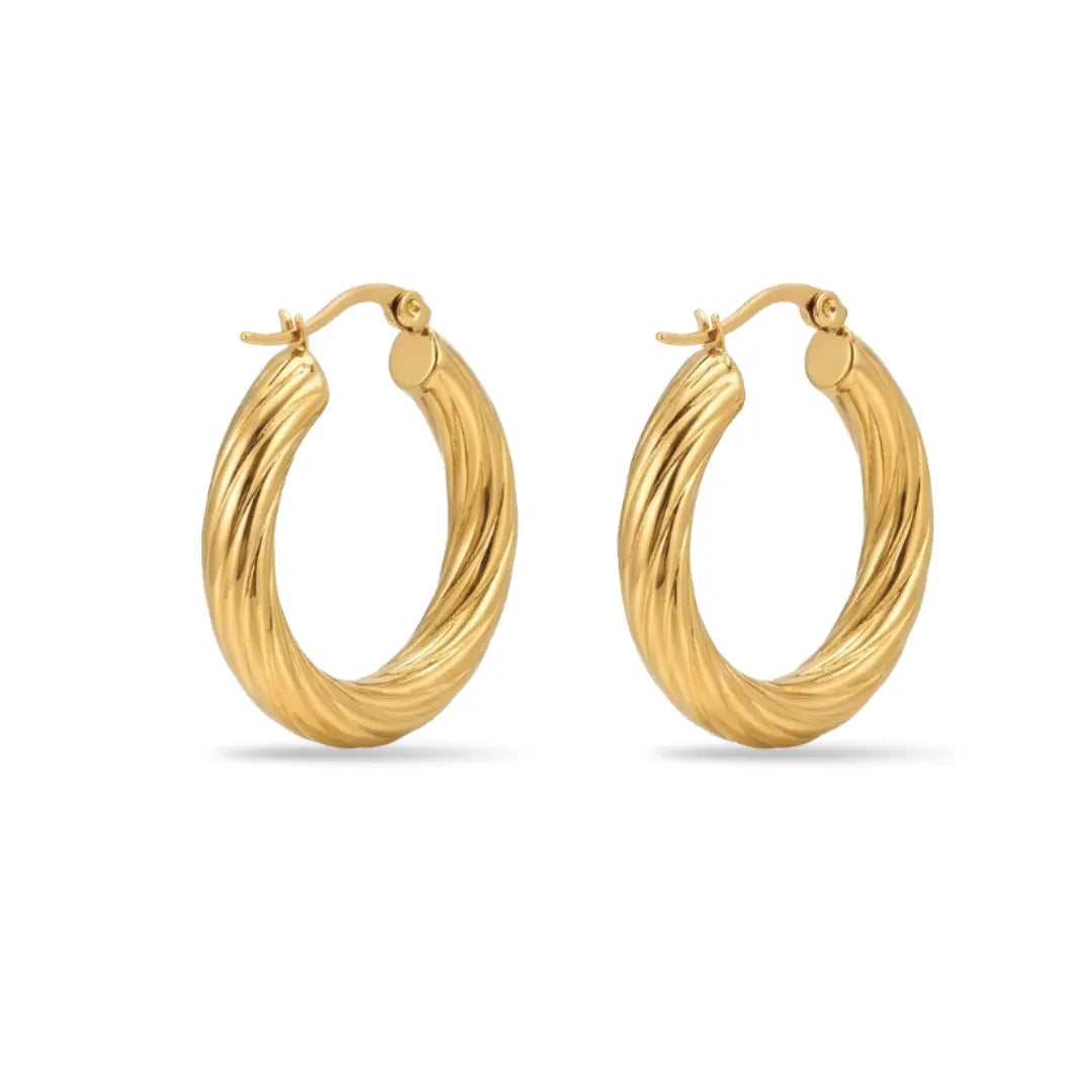 18K Gold Filled Thick Twisted Hoop Earrings – Chunky Ribbed Medium Gold Hoops for Women